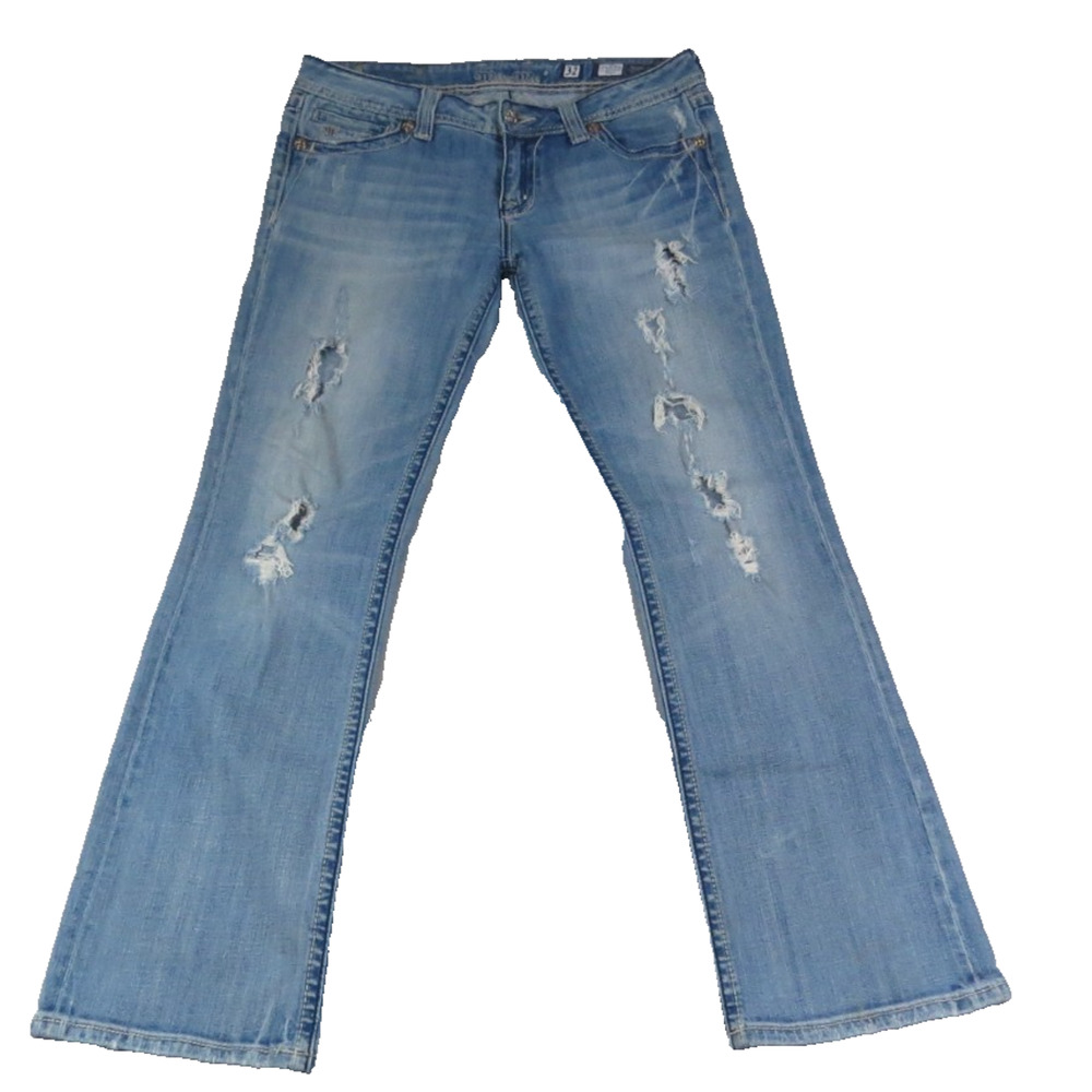 Miss Me Bootcut Jeans 32 Light Wash Distressed Fleur De Lis Stretch Denim Womens